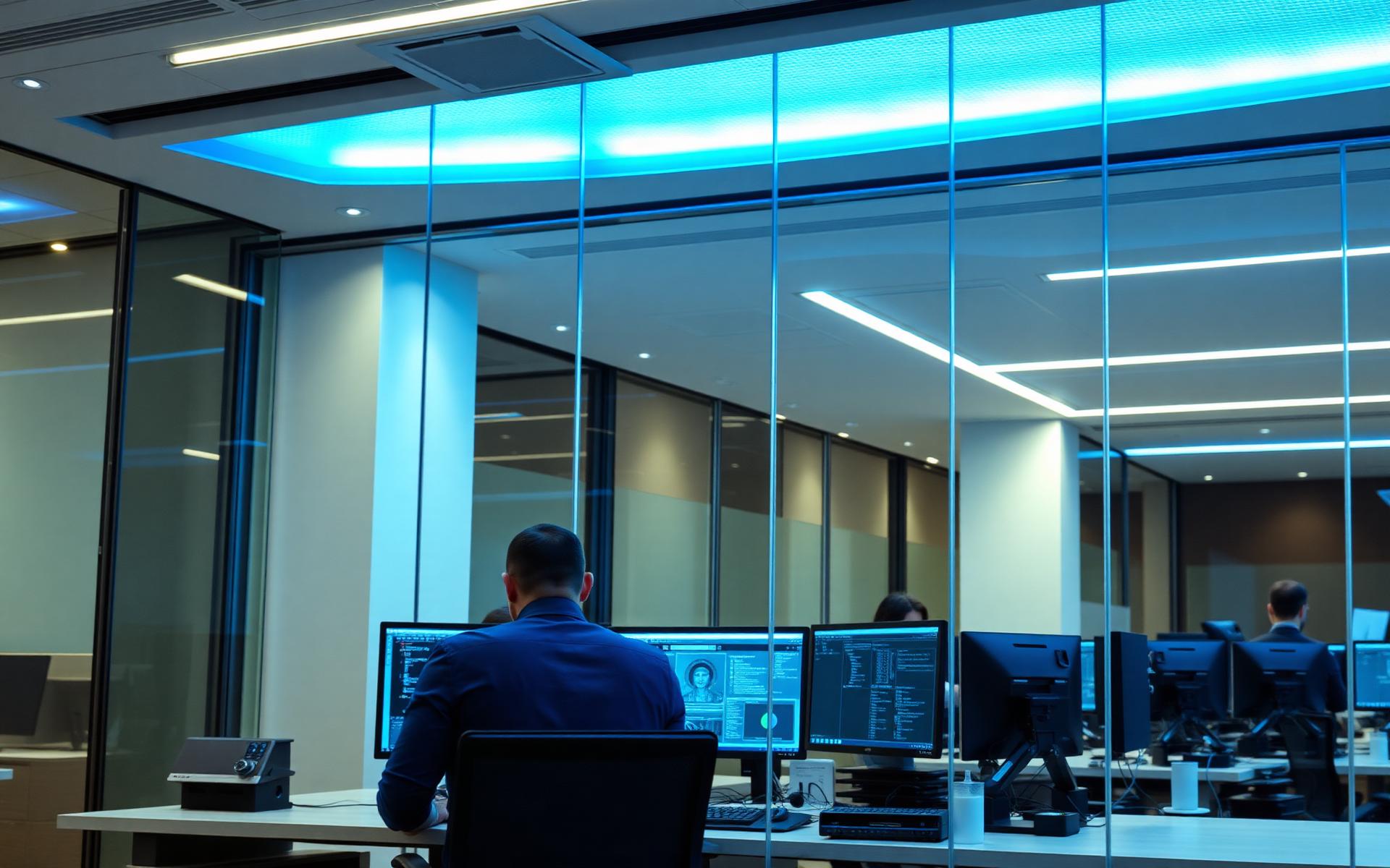 Oficina corporativa moderna con infraestructura tecnológica